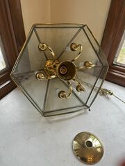 VINTAGE BRASS AND BEVELED GLASS HANGING LIGHT FIXTURE/CHANDELIER