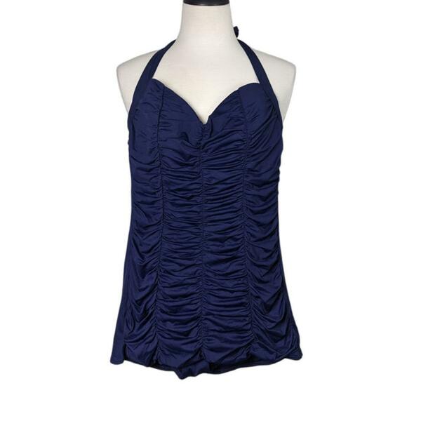 DKNY Retro 1920s Style Navy Blue One Piece Halter Ruched Swim Suit Dress Size 8
