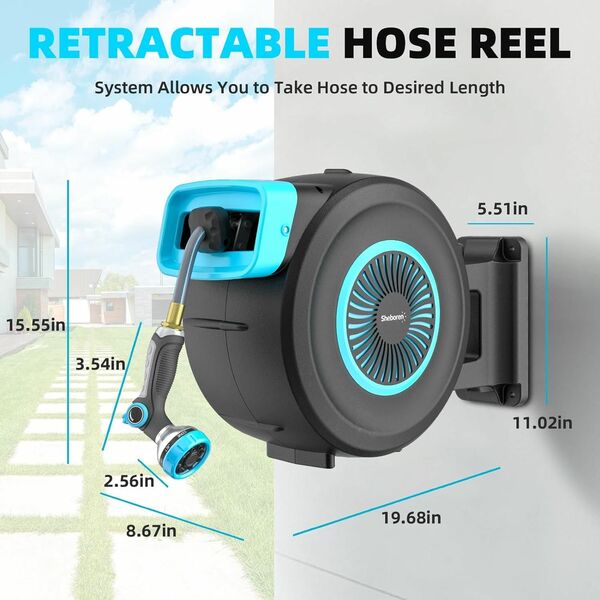 Sheboren Retractable Garden Hose Reel,1/2'' x 100FT+5FT Water Hose Reel Wall Mount,180 Deg Swivel Bracket, Any Length Lock, Automatic Rewind,9 Pattern