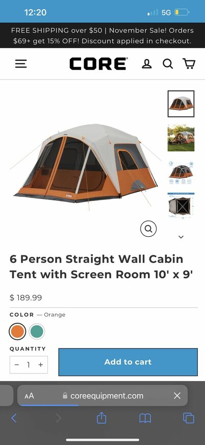 Tent 6 person straight wall cabin tent w/ screen room 10’x9’