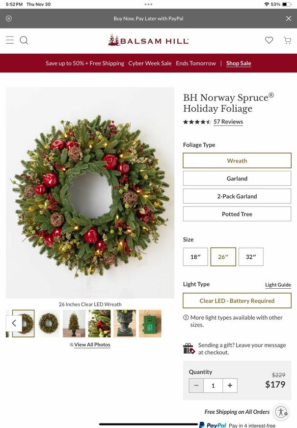 Balsam Hill Lighted 26” Wreath