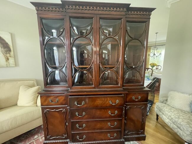 Antique Bubble Glass Mahogany China Cabinet with Buffet