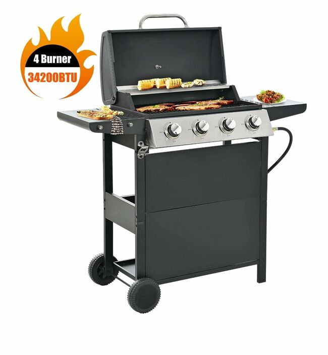 4 Burner Stainless Steel Propane Gas Grill, Barbecue Gas Grill with Side Burner and Thermometer, 34200BTU Outdoor BBQ Camping Grill