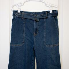 W12) Cropped cottagecore wideleg LARGE long cute front pocket detail pants belt