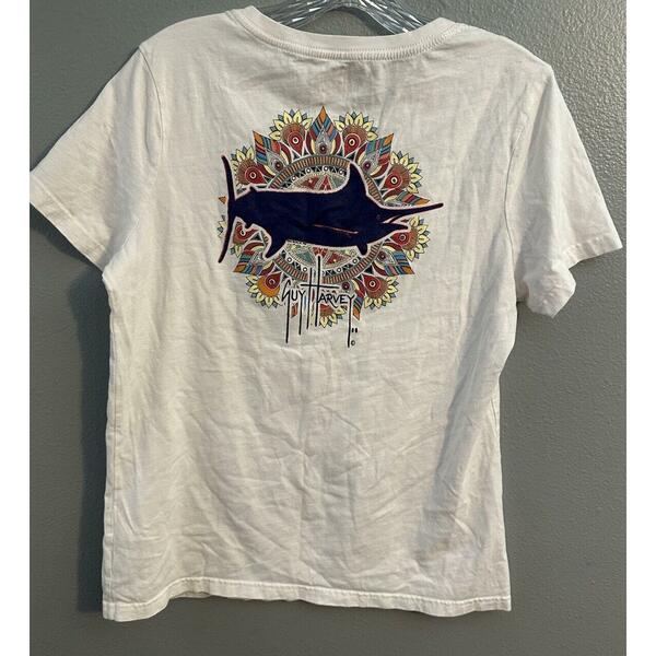 Guy Harvey Womens Size Medium White T-Shirt Marlin V Neck Short Sleeve EUC