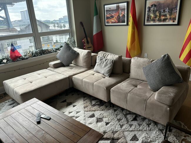 Industrial Suede Wood Base Modular 4 Piece Sofa