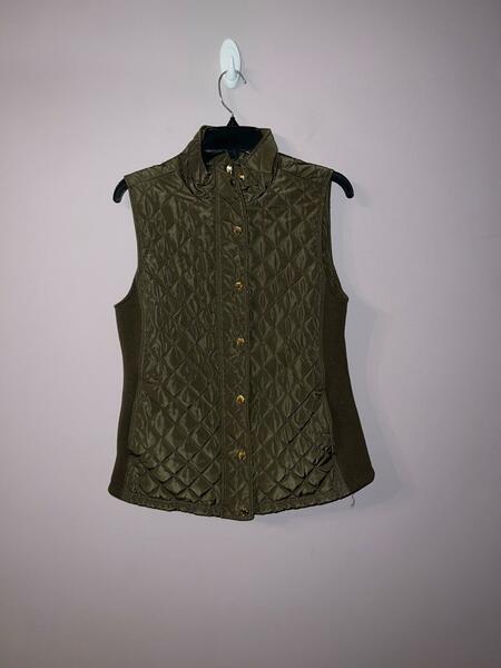 Olive green checkered pattern fall vest with gold buttons Cynthia Rowley size me