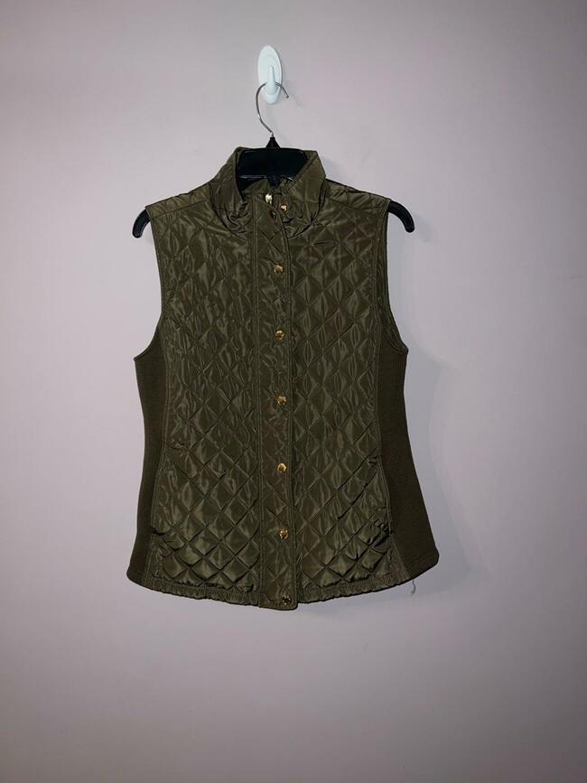 Olive green checkered pattern fall vest with gold buttons Cynthia Rowley size me